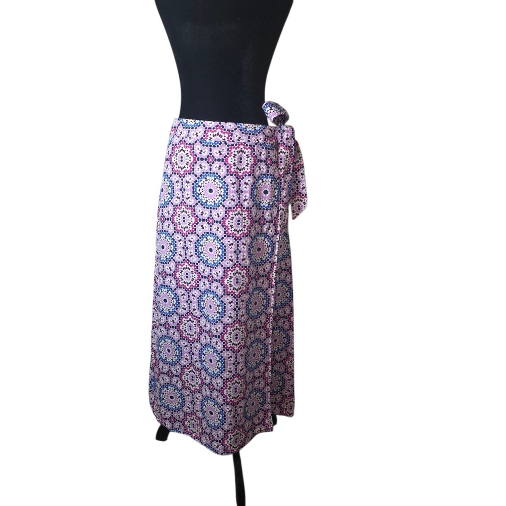 LOFT Linen Blend Wrap Midi Skirt Women 8 Boho Geometric Tie Waist Pink Blue - Picture 7 of 11